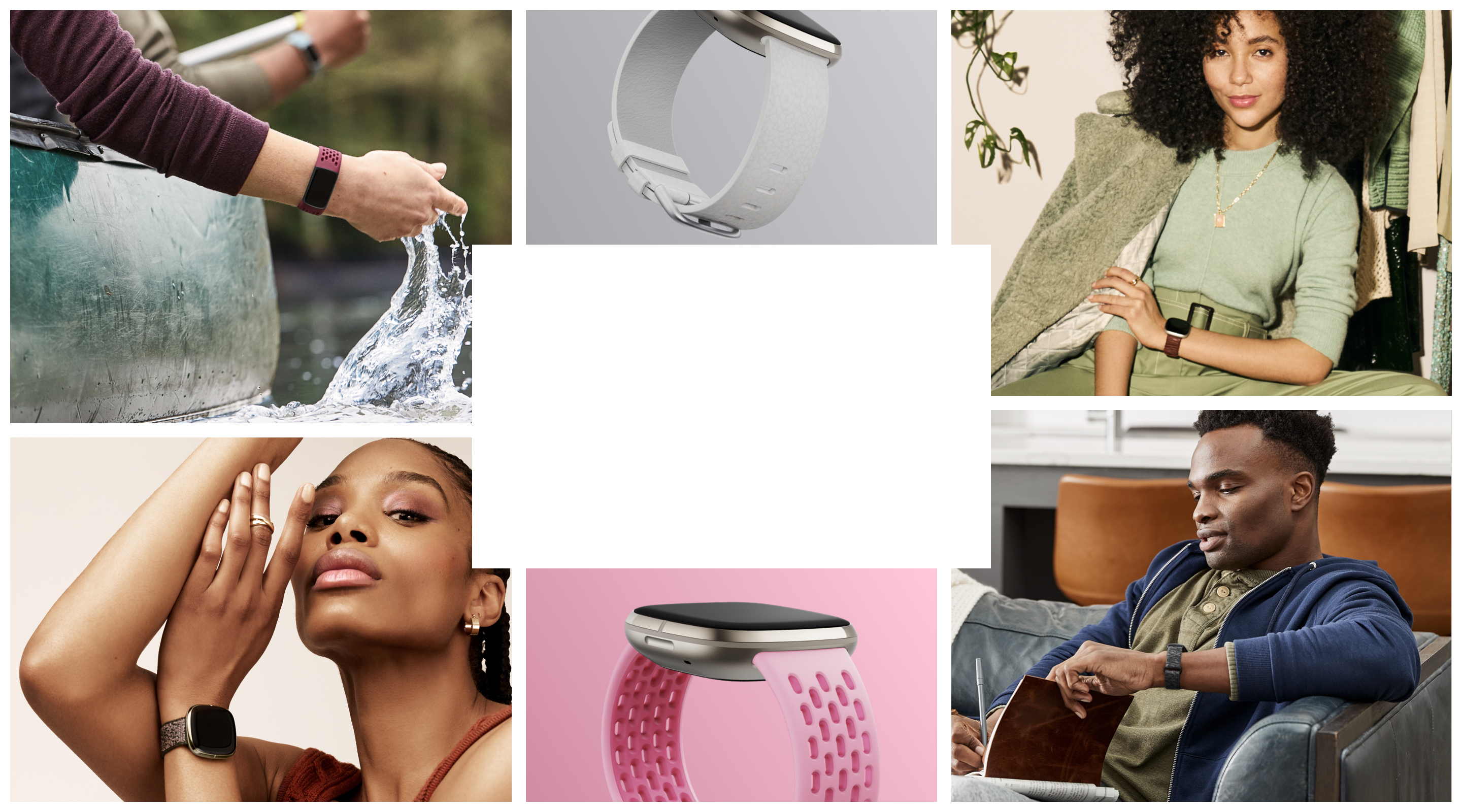 Various people wearing Fitbit devices and bands