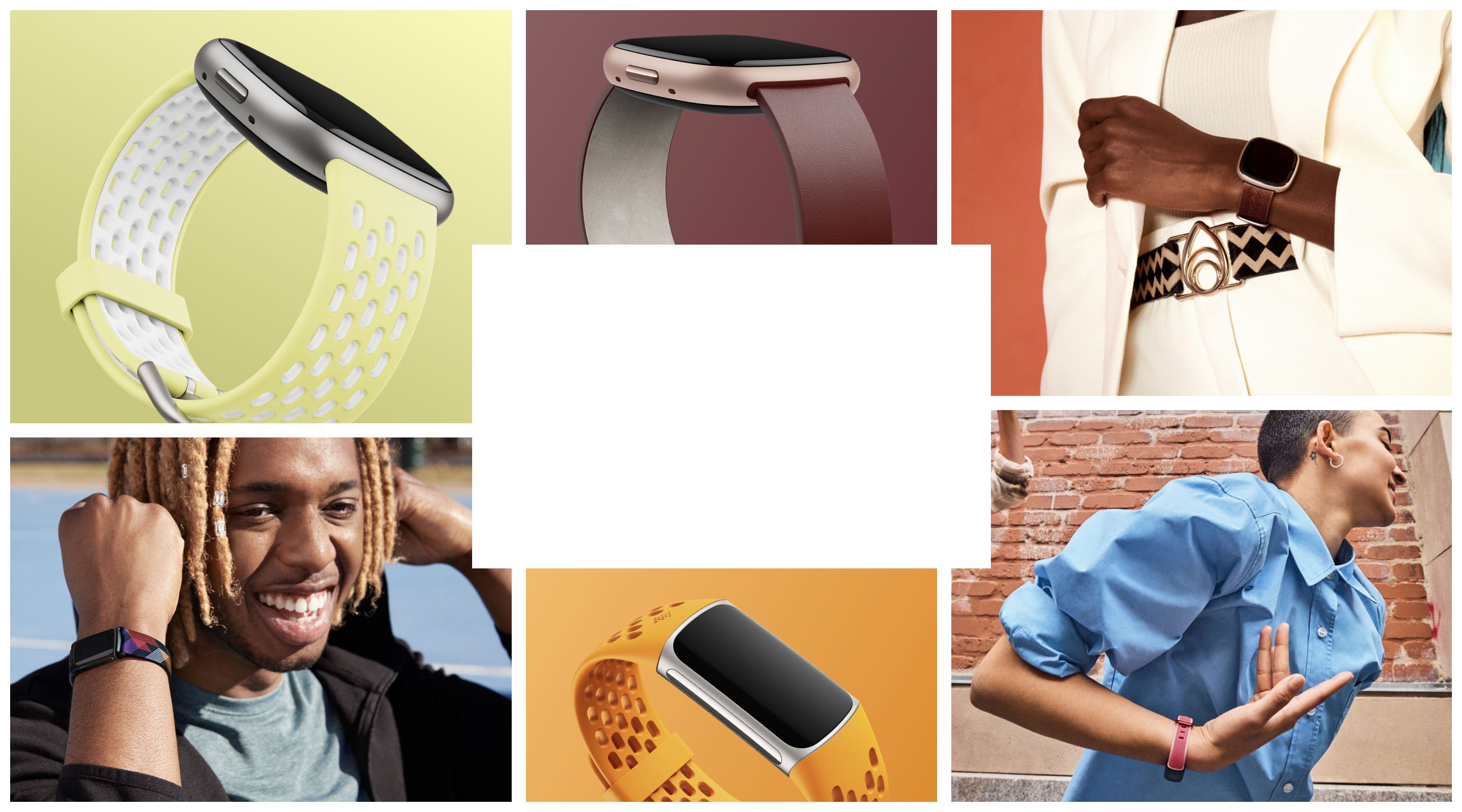 Varie persone che indossano dispositivi e cinturini Fitbit