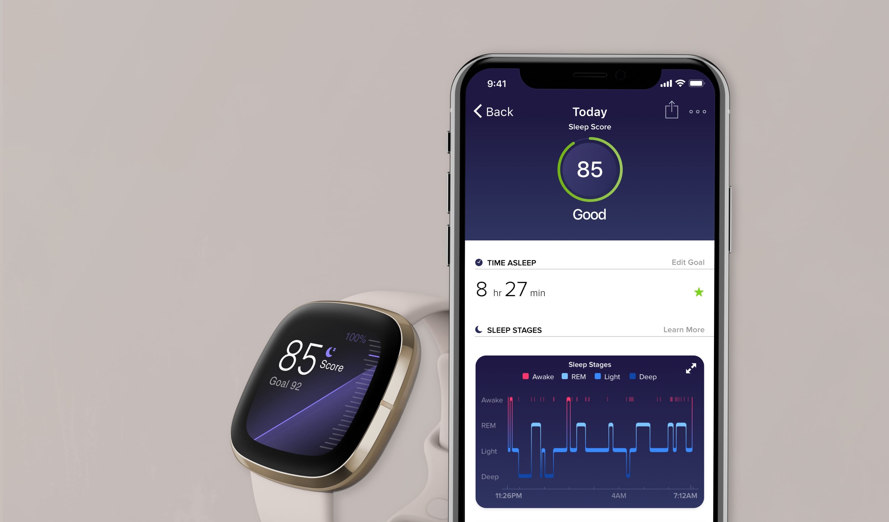 Fitbit Sense smartwatch and sleep score showing in Fitbit app